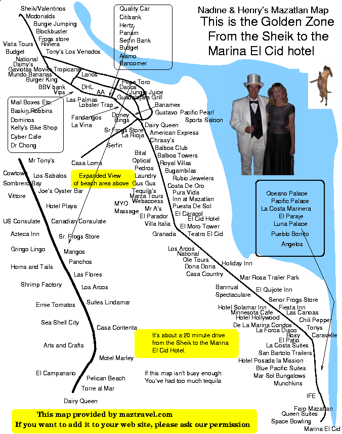 A large map of the Golden Zone in Mazatlán, featuring all of the beachfront hotels, many restaurants, shops, and other places you might be interested in. (42.1K) 